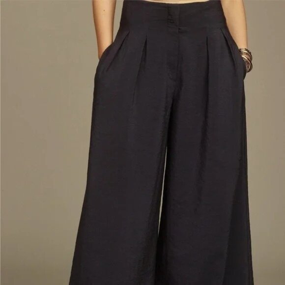 By Anthropologie High-Rise Pleated Wide-Leg Trousers Size 14 Navy Blue - Picture 4 of 16
